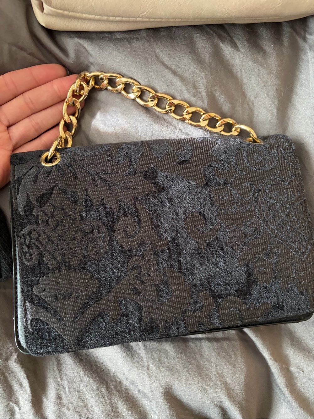 Black Velvet Chain clutch Bag with Gold Hardware